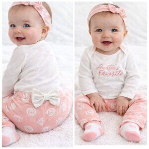 Baby Essentials Outfit 6M Auntie’s Favorite Bodysuit Headband Pants Socks FLAWS!